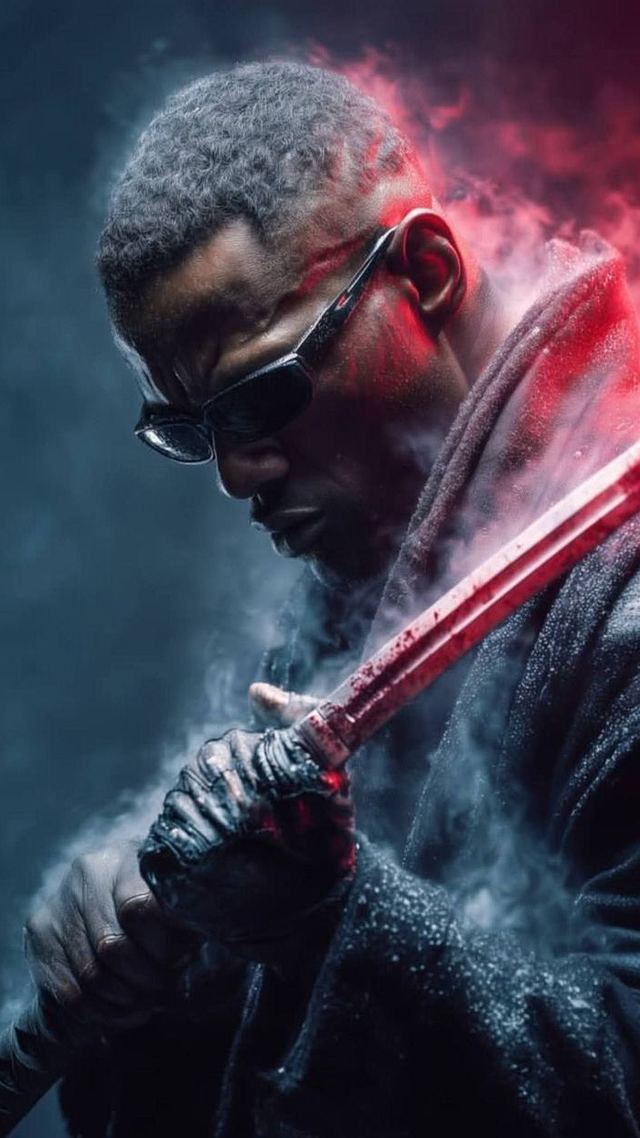 Blade in dark leather and sunglasses holding a red-lit sword through drifting smoke