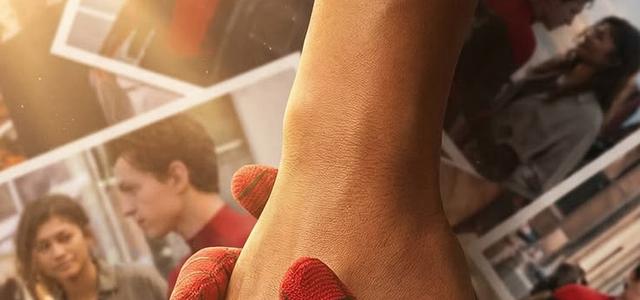 Tom Holland's Peter Parker pulling on the Spider-Man glove, framed by blurred photos of him and MJ