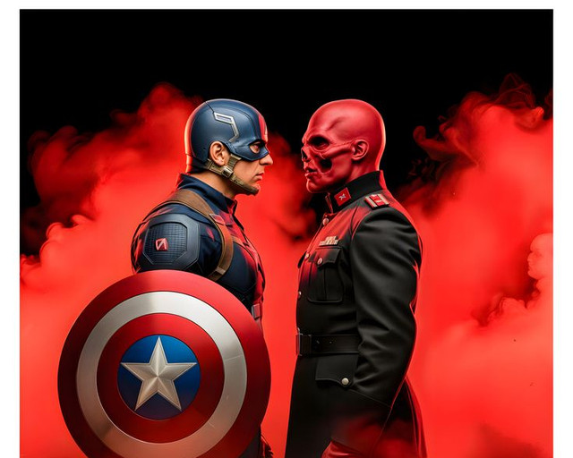 Captain America and Red Skull standing face to face in billowing red smoke
