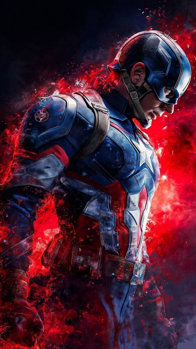 Captain America mid-turn, half wreathed in blue light and half consumed by red energy