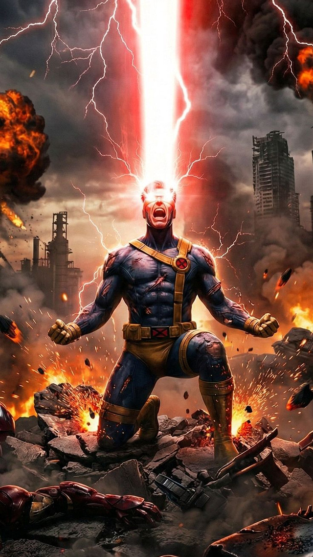 Cyclops in his red visor standing among the smoking ruins of a destroyed city