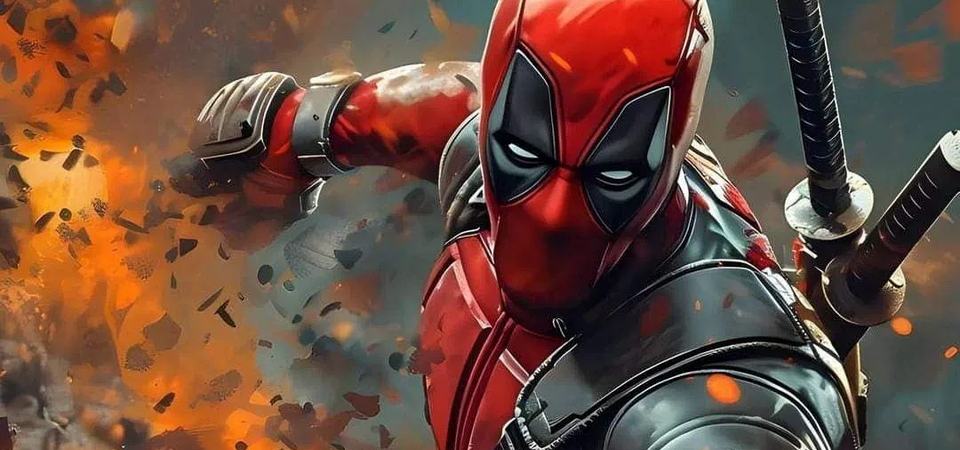 Deadpool wielding his twin katana blades mid-battle