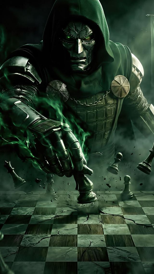 Doctor Doom surveying a wide tactical display as if plotting his next move across the board