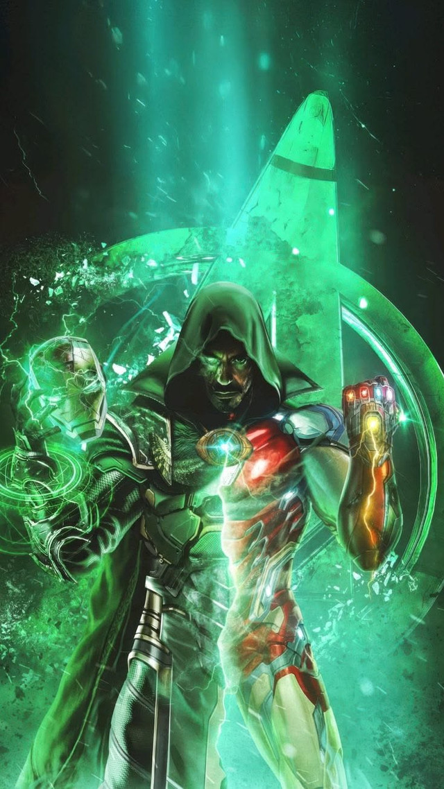 Doctor Doom depicted in an Iron Man-inspired green and metal suit, symbolizing his tech-sorcerer duality