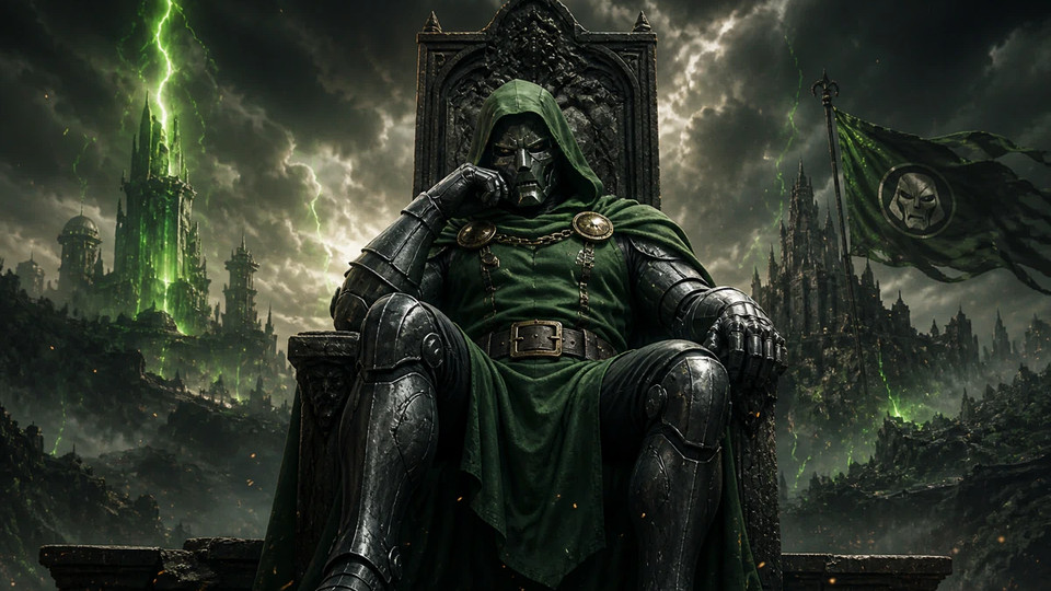 Doctor Doom seated on an iron throne in front of a storm-lit Latverian castle