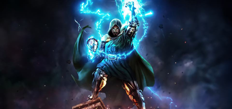 Doctor Doom summoning a burst of blue lightning with both arms raised