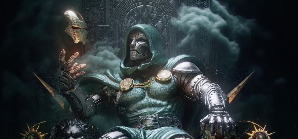 Doctor Doom seated on a stone throne in a dim hall lit by green energy