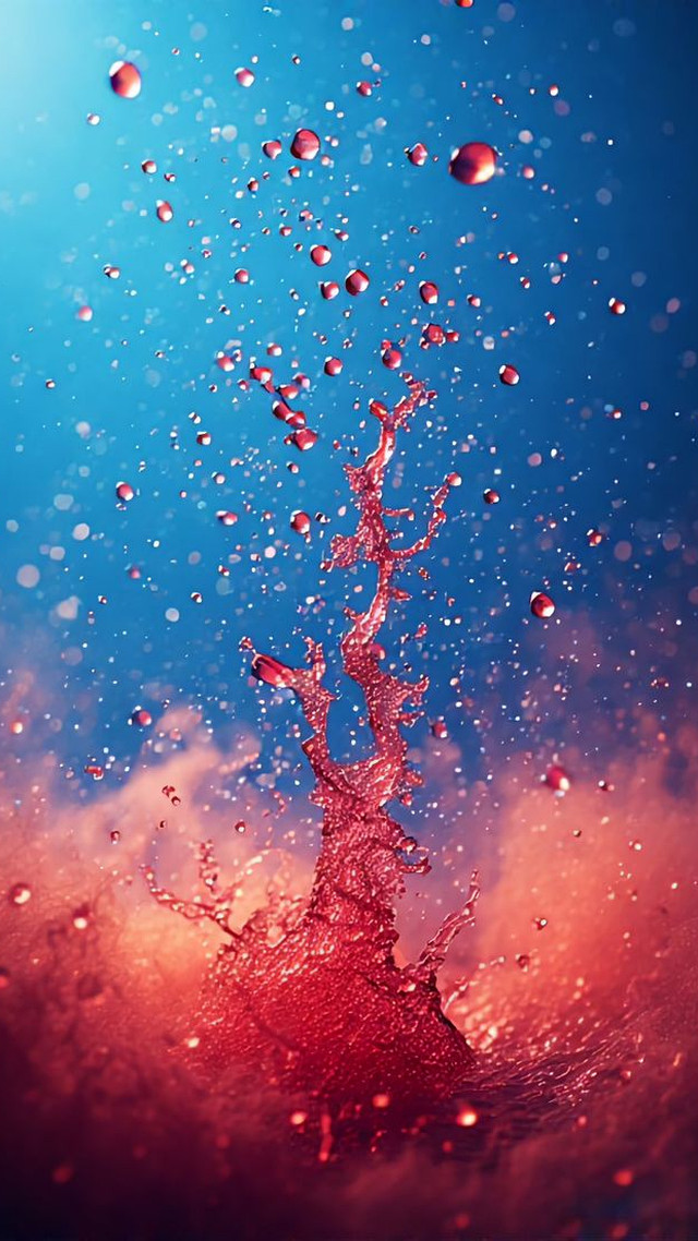 Red and blue plumes colliding and scattering into droplets against a dark ground