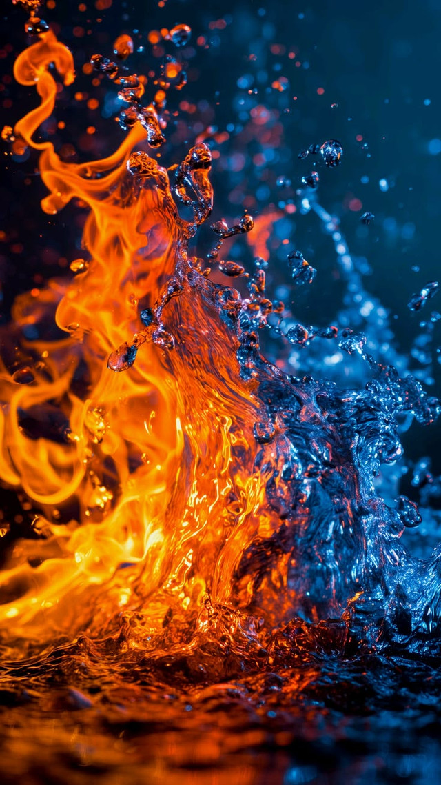 A wall of orange fire meeting a wall of blue water in mid-air