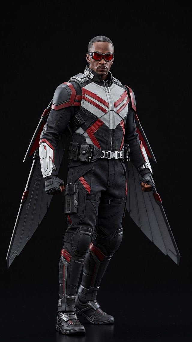 Sam Wilson in his Captain America suit, wings extended, mid-flight