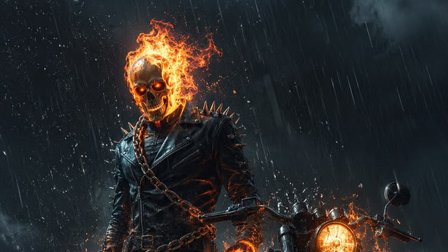 Ghost Rider standing beside his motorcycle in the rain, skull ablaze