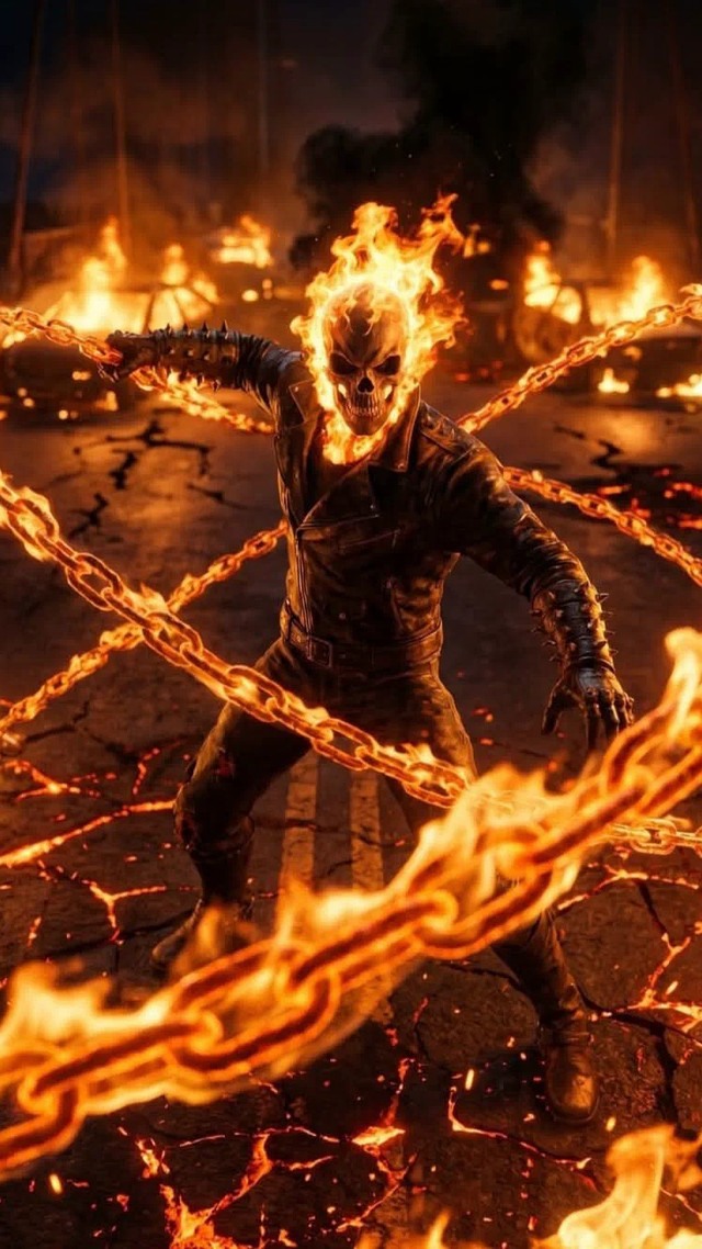 The Ghost Rider swinging burning chains in a ring of fire on a cracked road