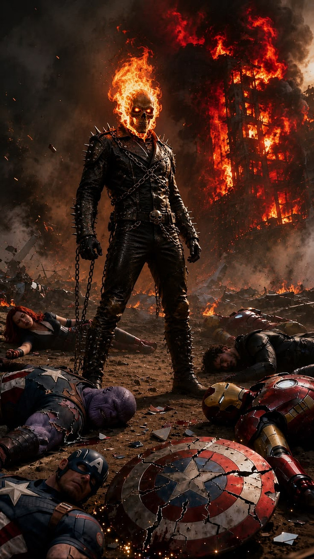 A burning rider standing over scattered shields and helmets on a smoking battlefield