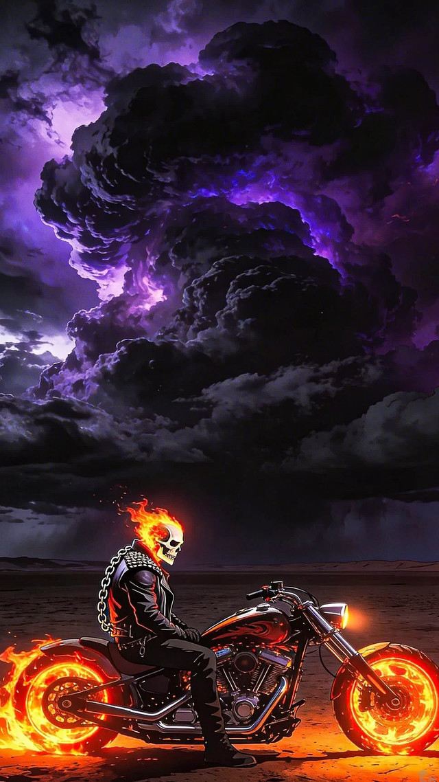 A flaming rider on a chopper beneath a vast purple storm cloud in an empty desert