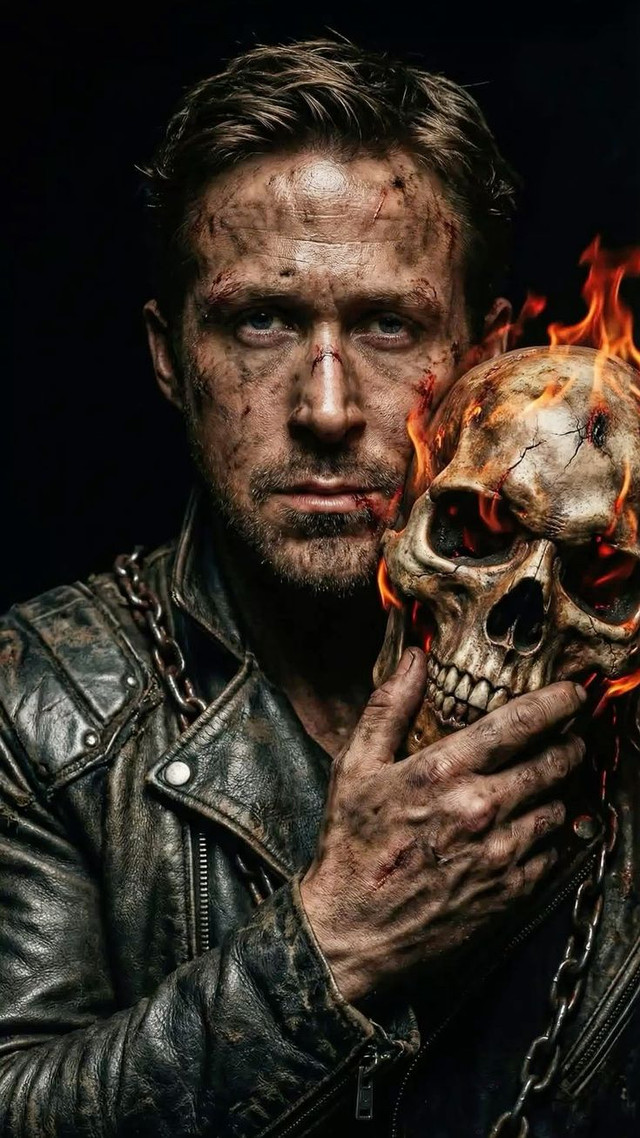 A man in a battered leather jacket holding a burning skull beside his own face