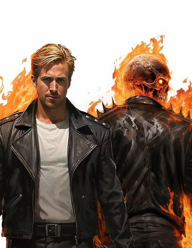 Ryan Gosling standing in a leather jacket beside a flaming-skulled Ghost Rider figure