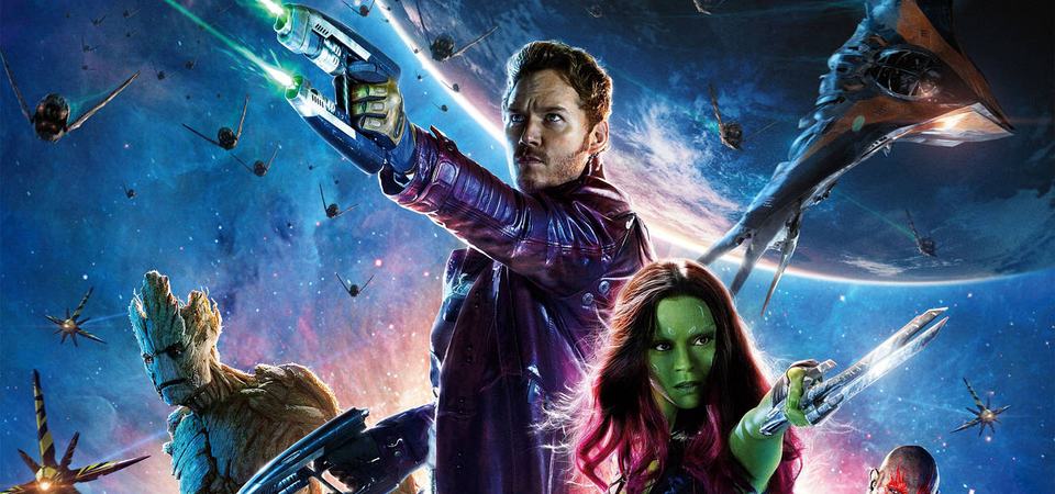 Star-Lord raises his weapon leading the Guardians against a space battle backdrop