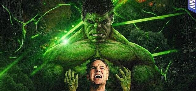 The Hulk mid-transformation, rage building, in dramatic green lighting