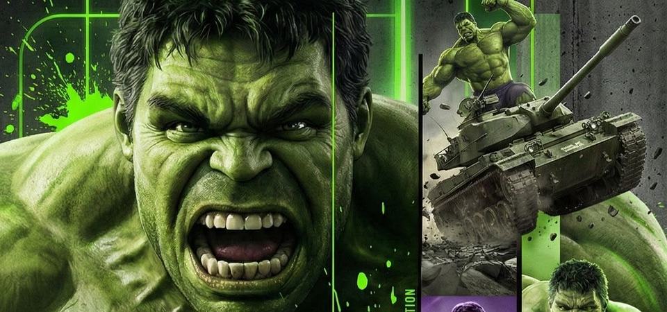 Hulk enraged, mid-transformation, framed in harsh green light