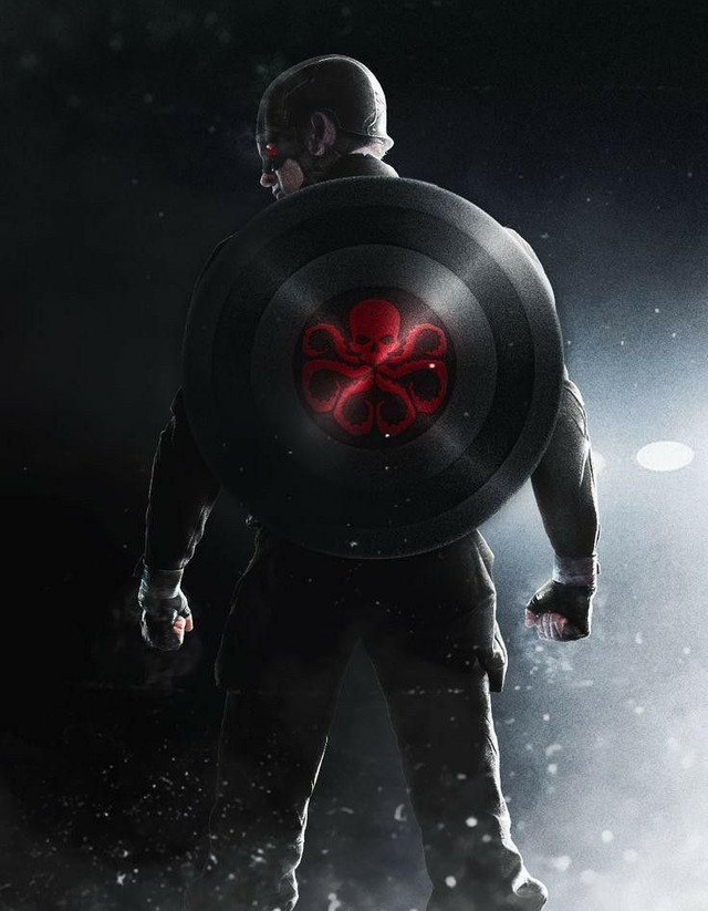 A Hydra-marked Captain America seen from behind in a snowy, fogged-out scene