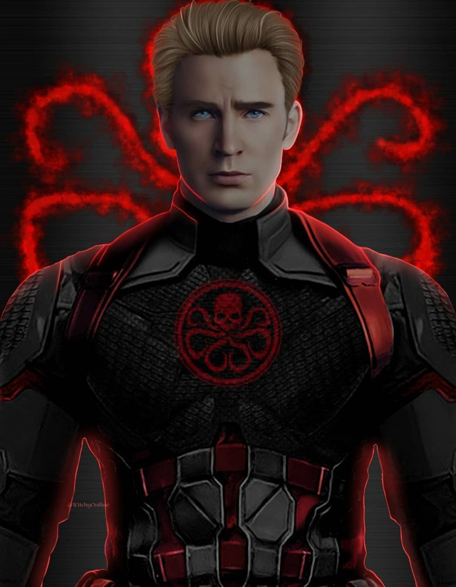 Captain America in a black suit with a glowing red hydra emblem burning across his chest