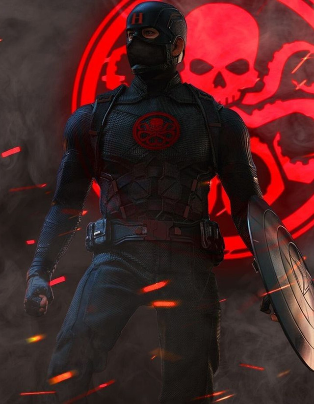 A masked soldier in dark armour standing before a huge glowing red hydra sigil