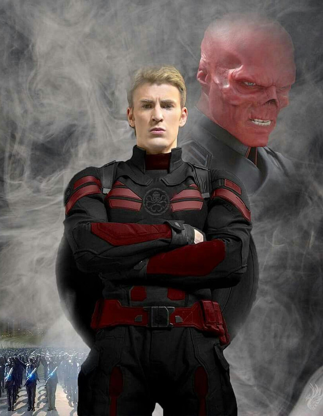 Steve Rogers standing in his old uniform with a red Skull-marked emblem glowing behind him and soldiers marching in the distance