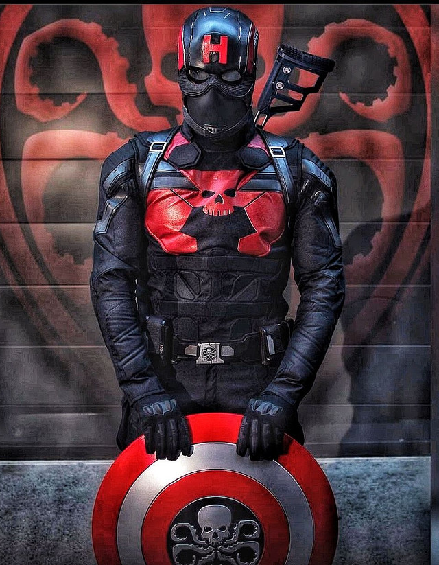 Captain America in a black-and-red Hydra Supreme uniform holding a Hydra-marked shield
