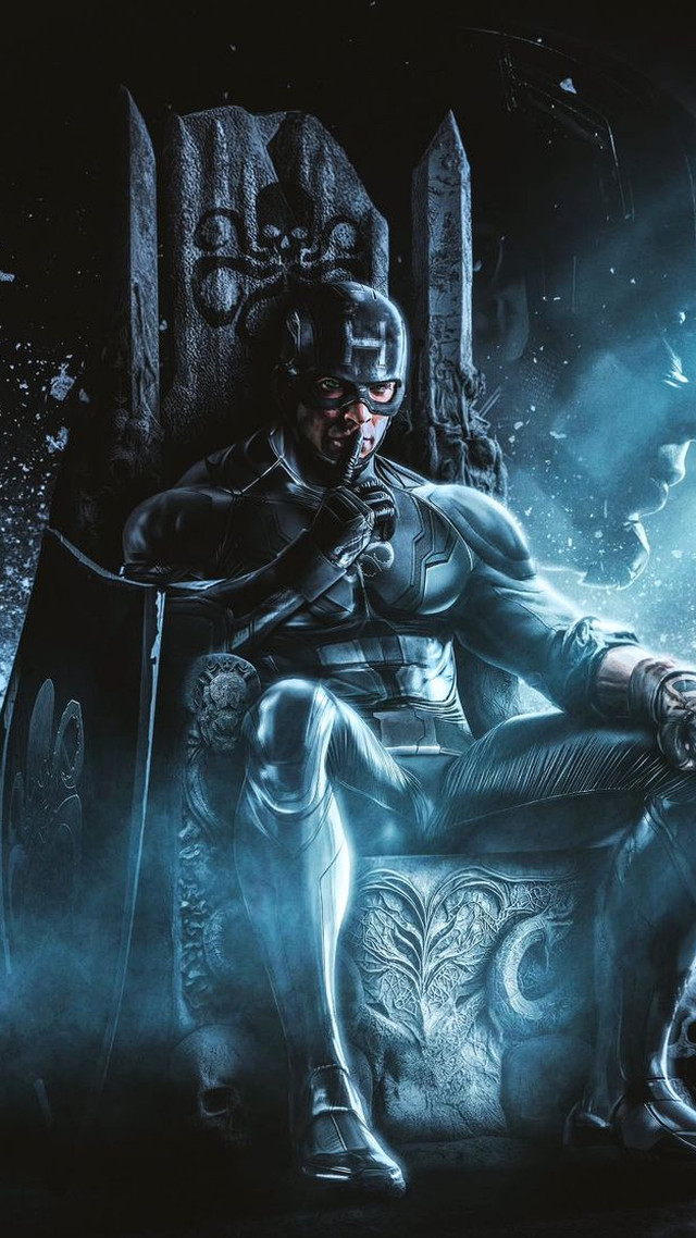 An armoured figure seated on a stone throne in cold blue light, shield resting against the seat