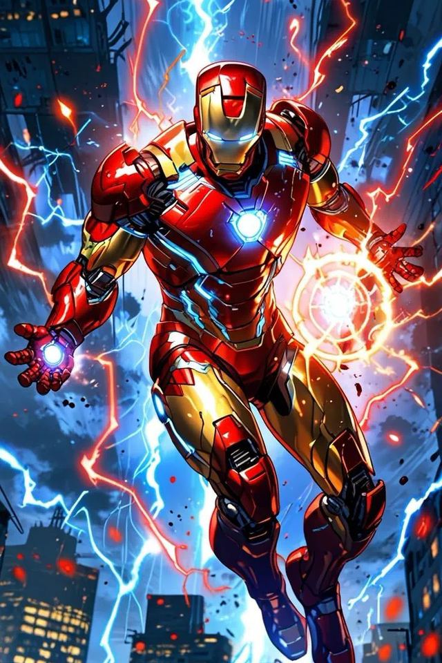 Iron Man's armour in mid-flight against a bright sky, repulsors glowing
