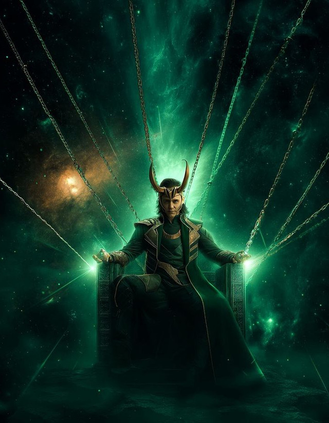 Loki sitting on his God of Stories throne at the end of time