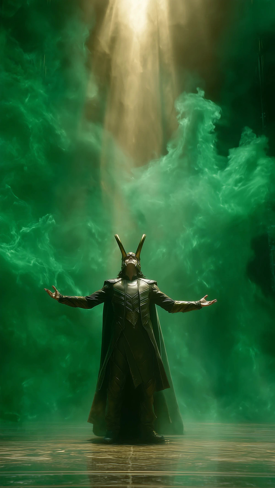A horned figure standing with arms outstretched as green energy pours upward around him