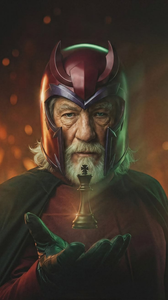 An elderly Magneto in his crimson helmet holding a small chess piece in a gloved hand