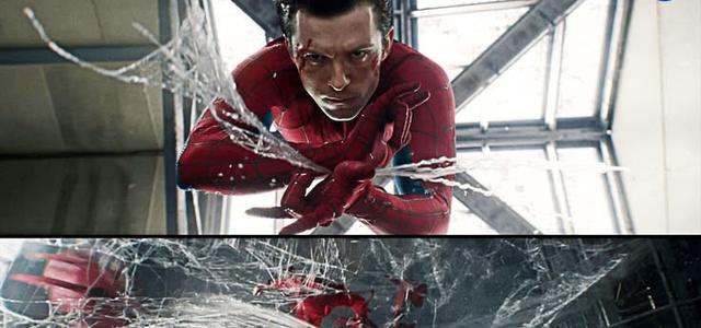 Peter Parker mid-transformation with fully black eyes, organic webbing forming around him like a cocoon