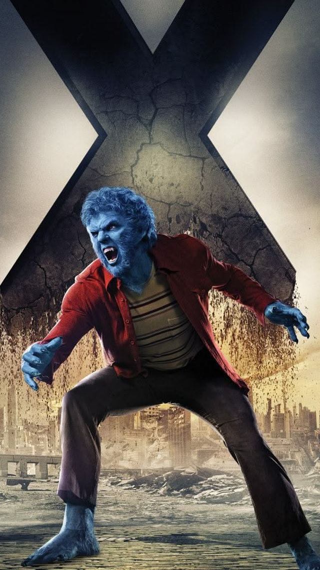 Nightcrawler in blue skin with yellow eyes and pointed ears, tail curled behind him