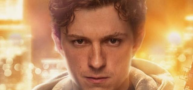 Peter Parker's suit catching light as he transforms, his expression caught between control and something darker