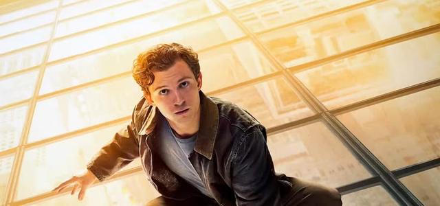 Peter Parker in a leather jacket clambering across a glass rooftop, city light blazing behind him