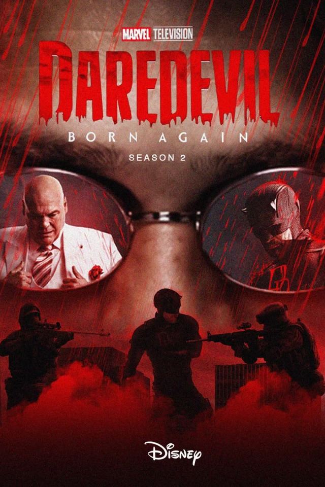 Official poster for Daredevil: Born Again featuring Matt Murdock in his devil-horned suit over a New York skyline