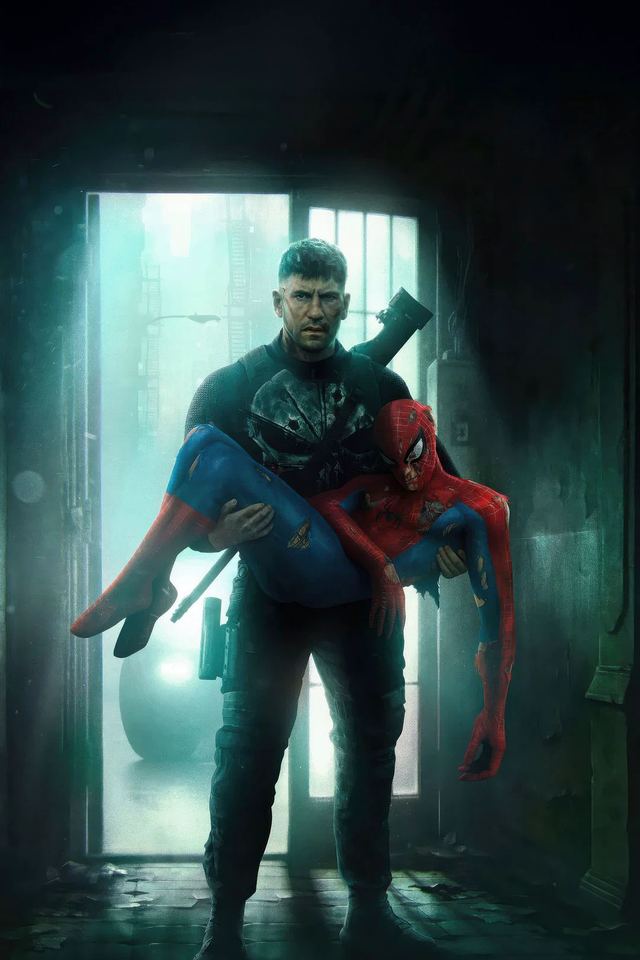 Frank Castle carrying an injured Spider-Man away from the rooftop after the sniper shot