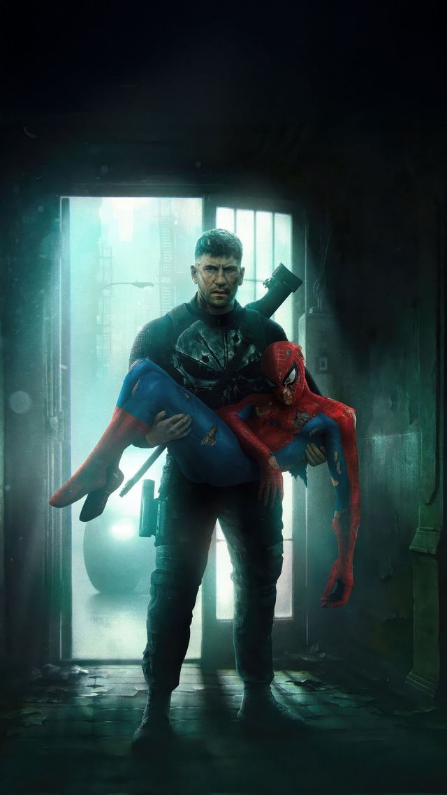 The Punisher carrying a wounded Spider-Man through a dark prison corridor