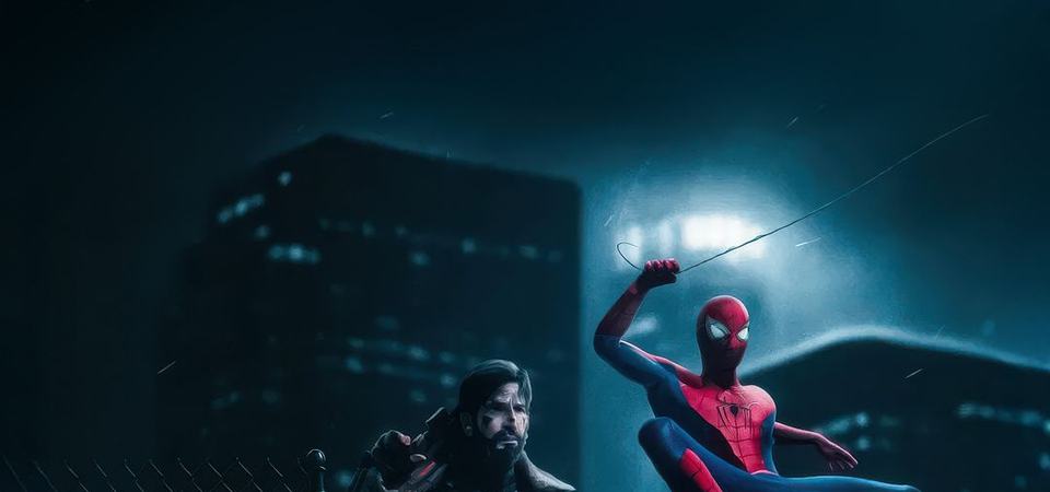 Spider-Man swinging above a rooftop as the Punisher looks on from below