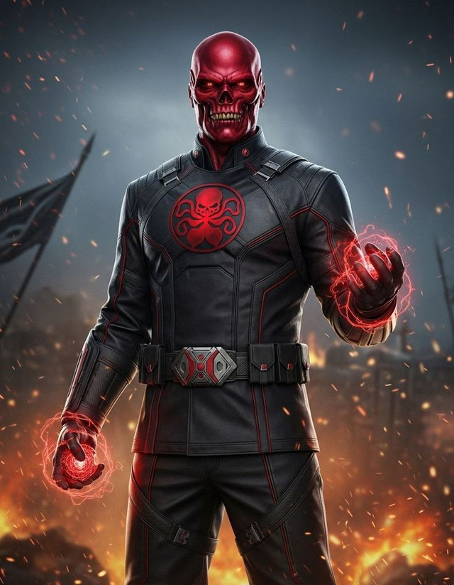 Red Skull in a black uniform channelling crackling red energy in both hands