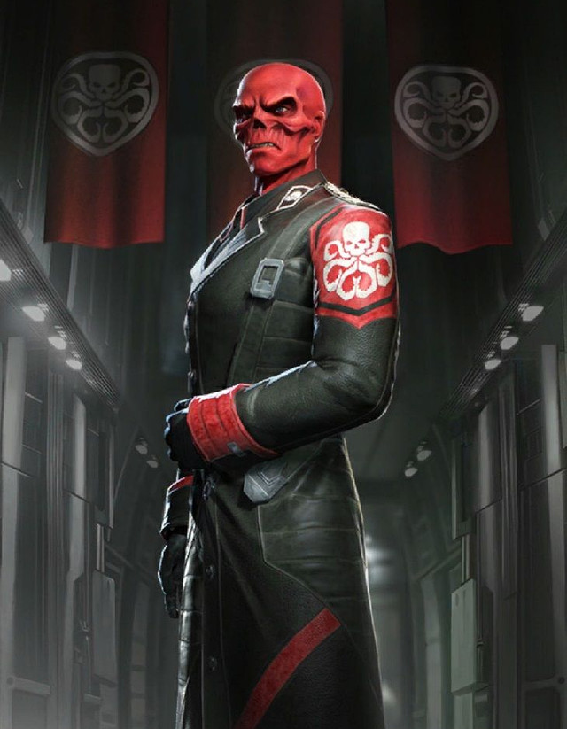 Red Skull standing in a Hydra headquarters corridor lined with skull-and-tentacle banners