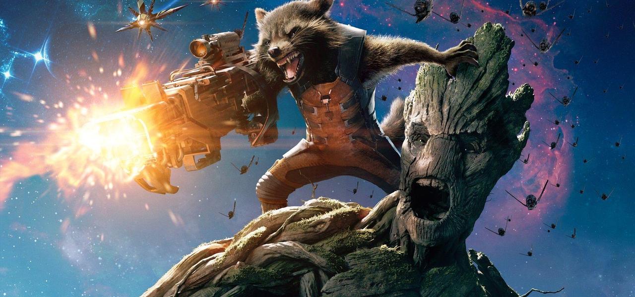 Rocket and Groot fighting side by side during a chaotic space battle