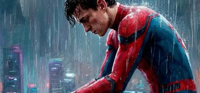 Spider-Man crouched alone on a wet rooftop ledge at night as rain falls over the city