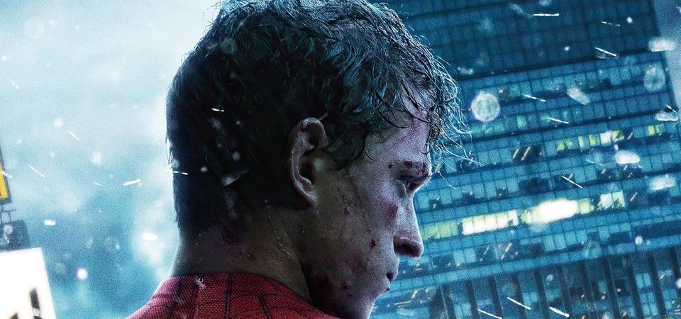A bruised, rain-soaked Spider-Man seen in profile against a New York high-rise at night