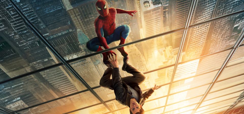 Spider-Man mid-swing across a golden-hour Manhattan skyline, web-line taut against the setting sun