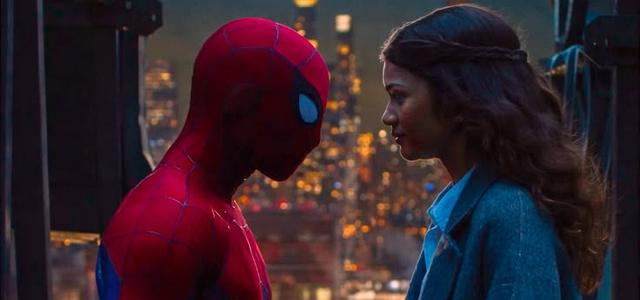 Spider-Man and MJ sitting close together on a New York rooftop at dusk