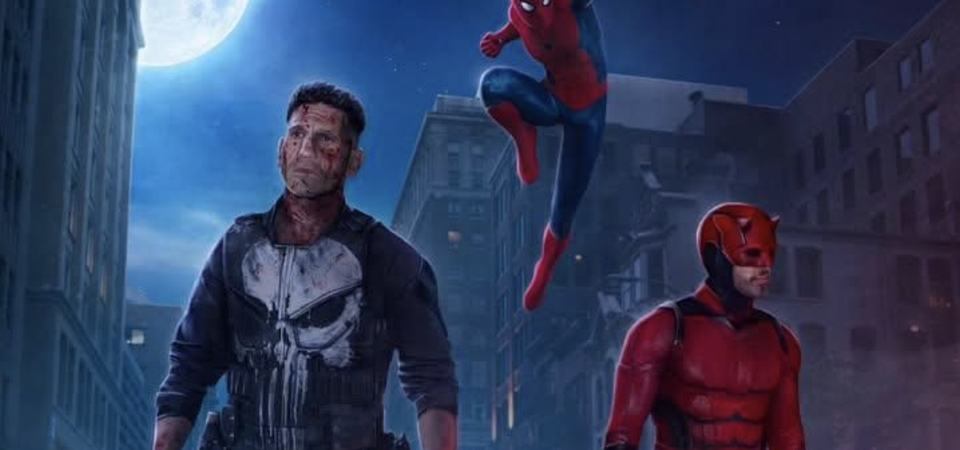 Street-level heroes including Daredevil and Punisher standing together on a shadowy New York City street, evoking the spirit of a Defenders-style team-up