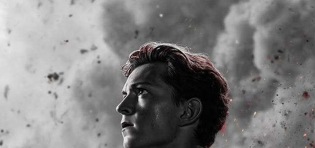 Spider-Man in profile, monochrome, standing amid smoke and rubble